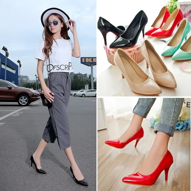 Spring Women Pumps Red Green Patent Leather 8cm High Spike Heels Wedding Party Office Pointed Toe Slip-on Ladies Thin Stilettos