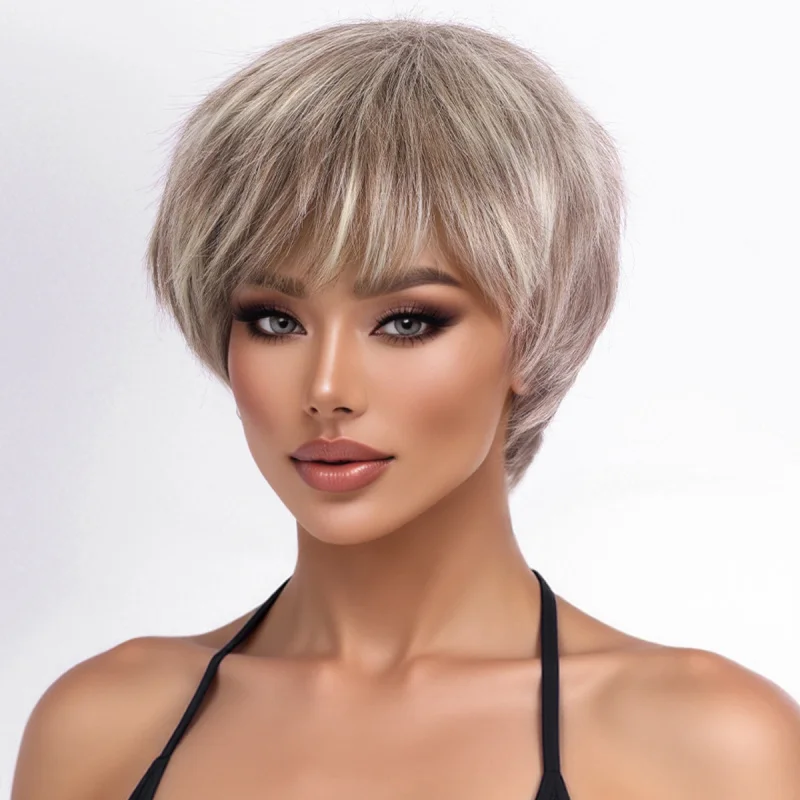 Short for women, naturally fluffy full headpiece, age-reducing bob wig, unisex, cool and stylish, Korean-style men's hairsty