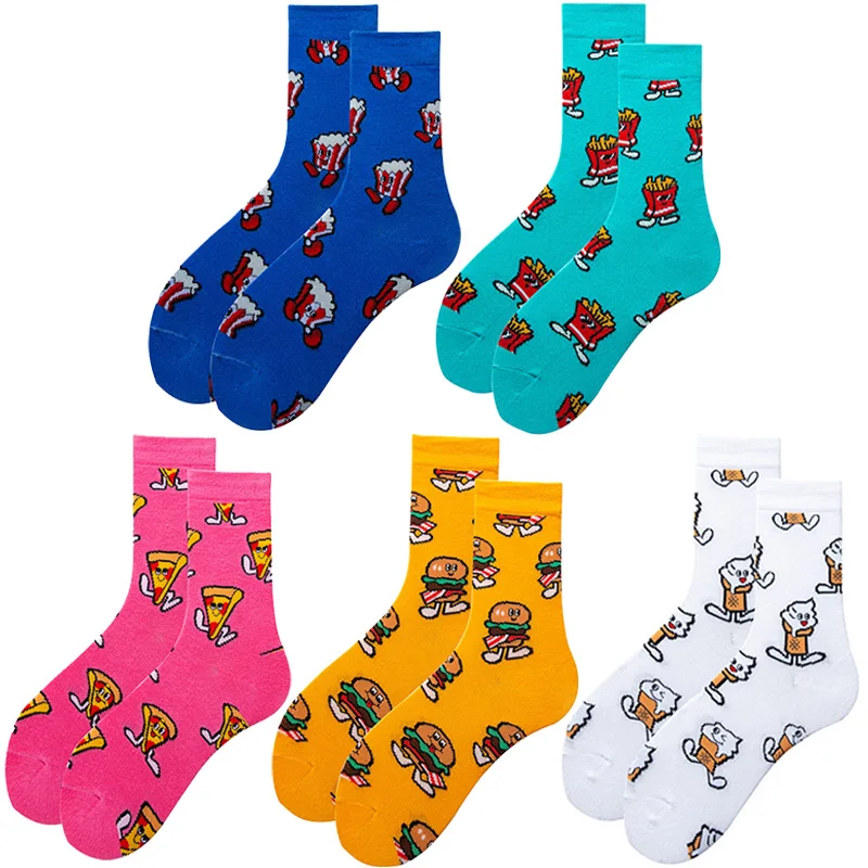 5 Pairs/Pack Women Socks Kawaii Cartoon Hamburgers Fries Ice-cream Pizza Printing Socks Female Skateboard