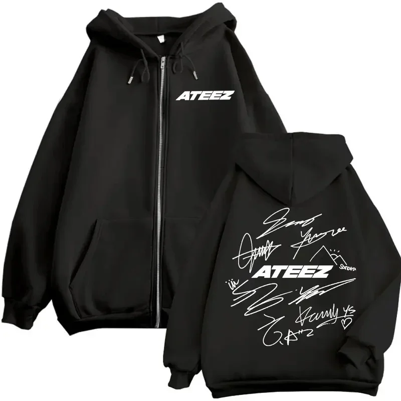 Limited Kpop ATEEZ Logo Double Sided Print Zipper Hoodie Fashion Hip Hop Zip Up Sweatshirts Men Women Casual Oversized Pullovers
