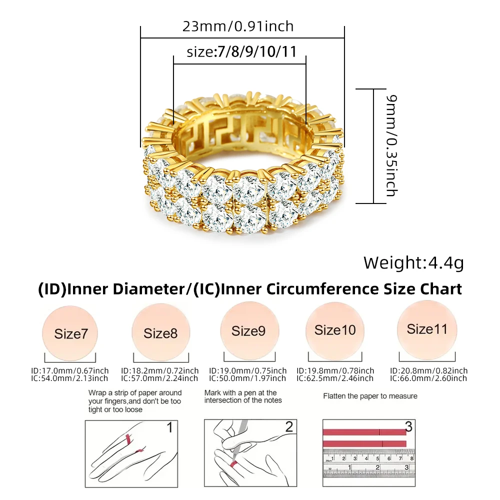 Hip Hop Brass Gold Plated Double Row CZ Charm Finger Ring Jewelry Micro Inlaid Bling Punk Cubic Zircon Wedding Engagement Rings