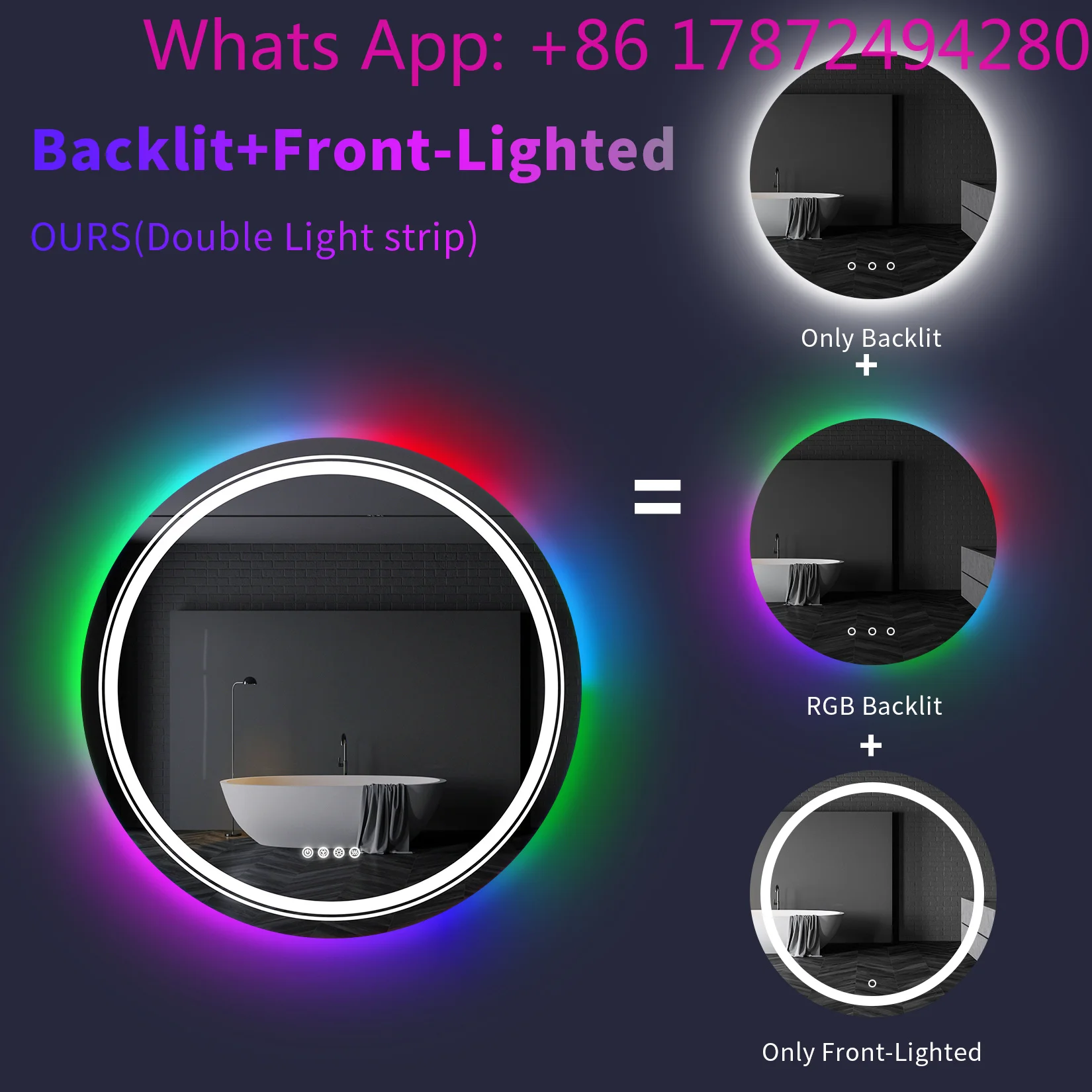 Changing LED Mirror Dimmable Anti-Fog Backlit Mirror RGB Multicolor Backlit Large Round Lighted Bathroom Mirror RGB Color
