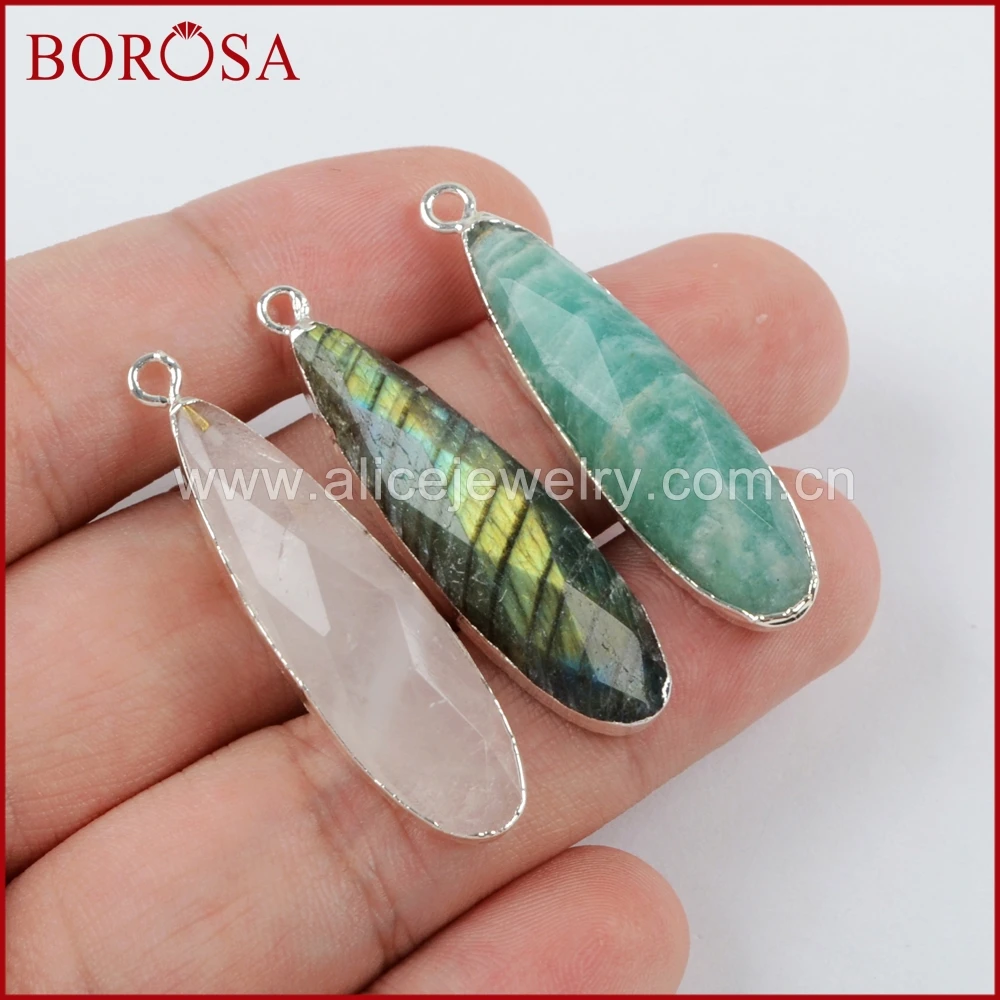 Teardrop Shape Silver Plated Natural White Quartz Labradorite Amazonite Healing Crystal Faceted Charm for Necklace/Earrings