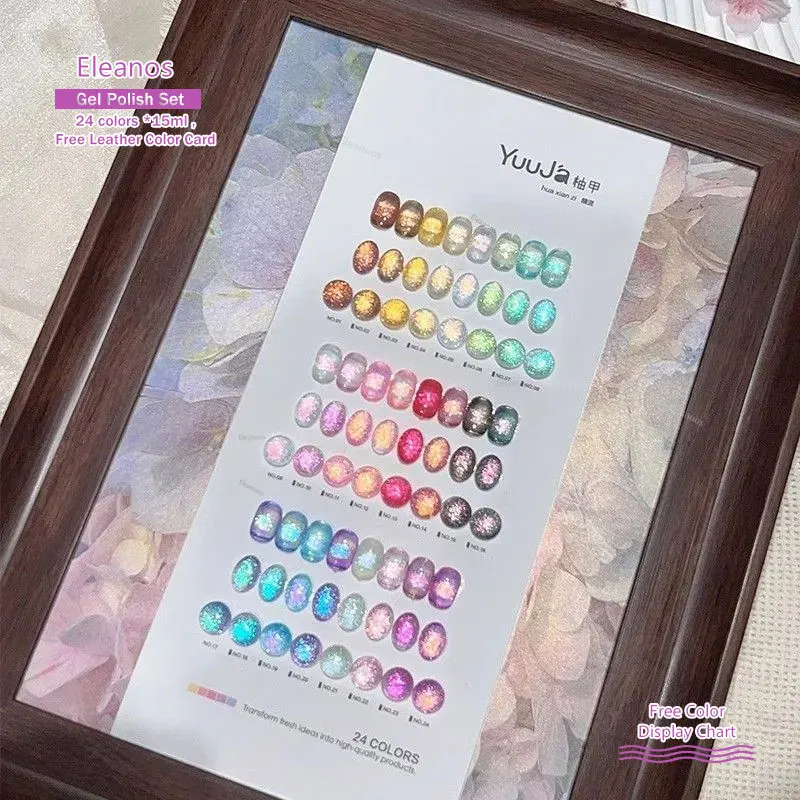 Eleanos Fairy Glitter 24 szt. Lakier do paznokci kocie oko z kolorowym kartonikiem 15ml Żel magnetyczny półtrwały Soak Off UV do salonu paznokci