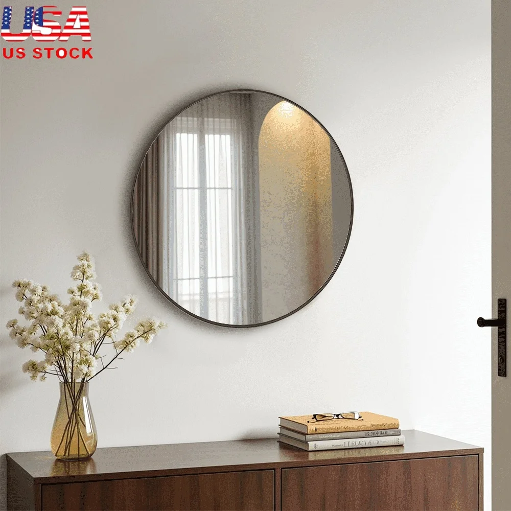 

24-дюймовое круглое настенное зеркало из алюминиевого сплава, прозрачное стекло высокой четкости, косметическое зеркало для гостиной, ванной комнаты, прихожей, декор