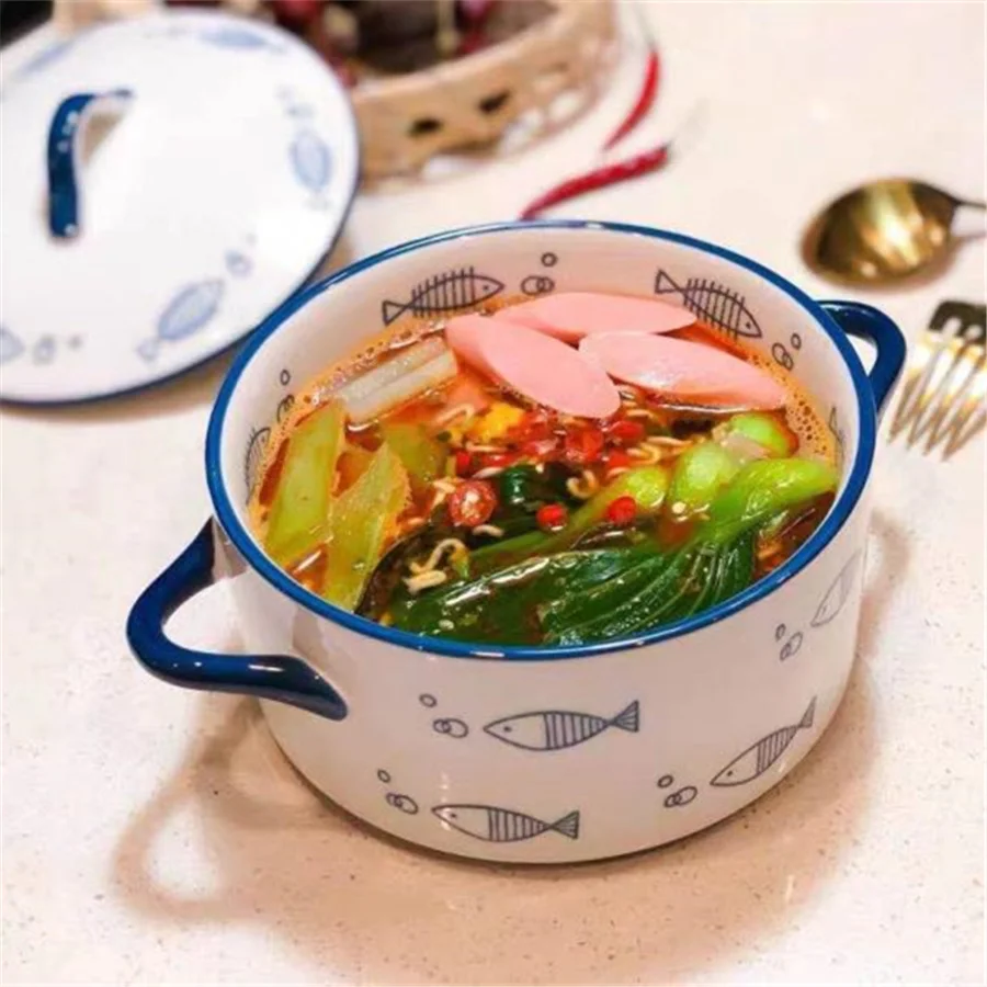 1pc ceramic double ear bowl with cover, 1000ml/34oz Noodles in soup bowl, 15cm/6inch microwave oven bowl