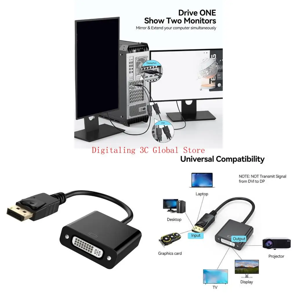 DP To DVI Adapter Gold Plate Plugs 1080P@60Hz For Gaming PC Monitor Projectors