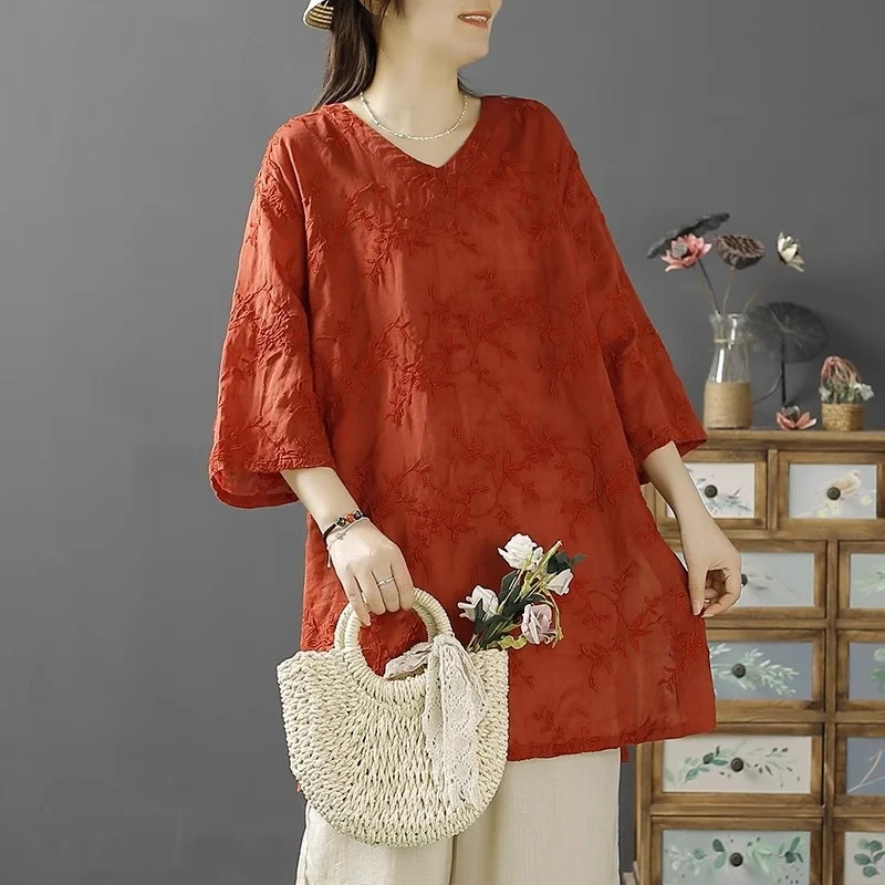 

Элитная вышитая конопляная блузка свободного кроя для женщин, лето 2024, новая модель, с рукавом 3/4, миди, из смесового хлопка, с V-образным вырезом, стандартный размер L