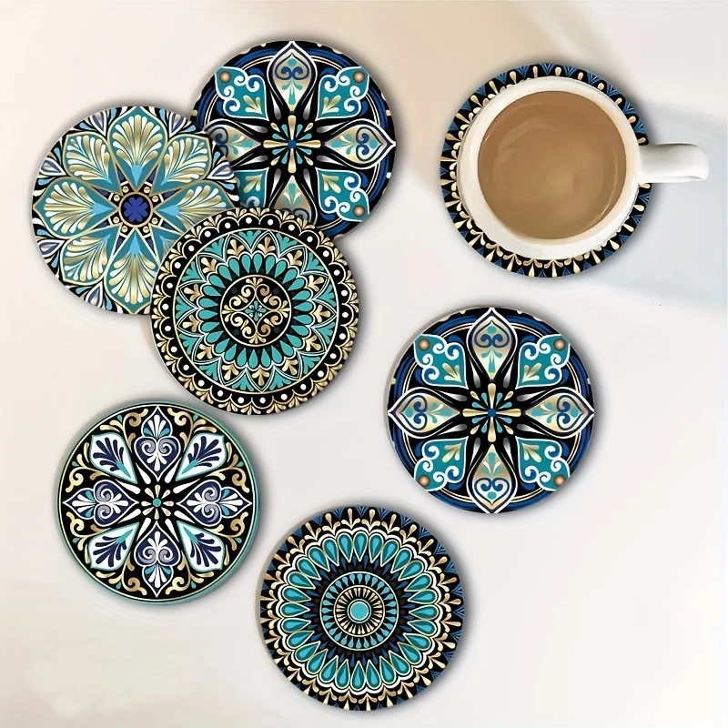 Ensemble de sous-verres en bois avec motif de fleurs Mantra 2D - Cadeau artistique pour les amis et la famille, pour les terrasses, les cuisines, les salons