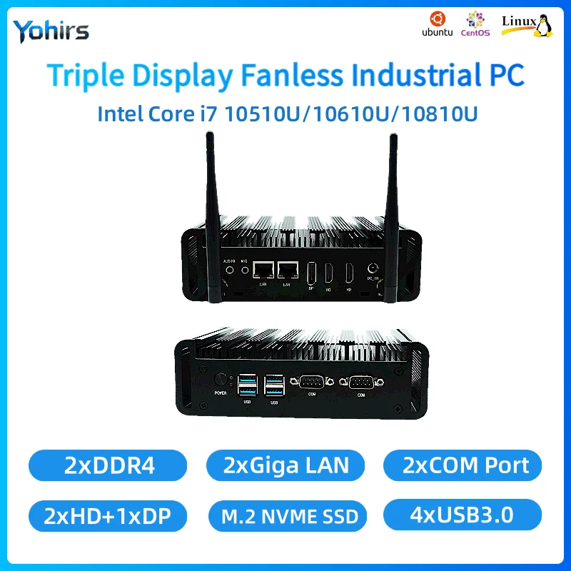 

Безвентиляторный ПК 10-го поколения Intel Core i7 10610U i5 10210U 10110U, 2 LAN, настольный мини-компьютер Barebone, AC WiFi, HTPC, 4K, 2xHDMI, DP, 2xRS232 Com