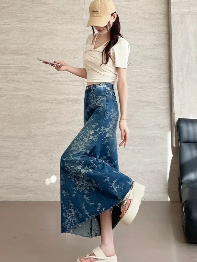 

High Waist Wrap Tight Jeans Skirts for Women Chic and Elegant Summer 2025 Modest Clothing Trend V Long Maxi Woman Denim Skirt