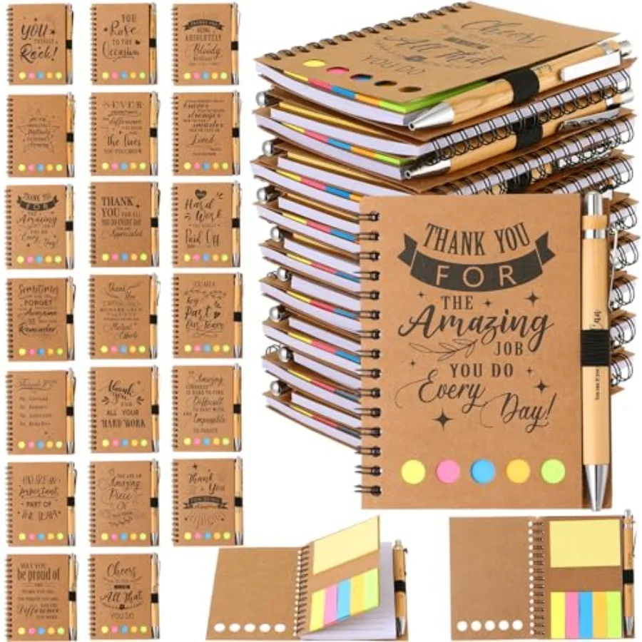 

20 Sets Employee Appreciation Gifts Spiral Notebook Journal with Sticky Notepad Index Tabs Thank You Gifts Notepad with Bamboo