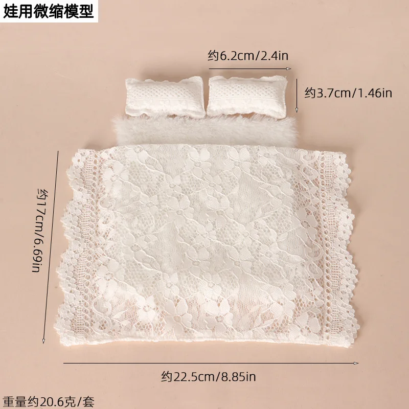 1:12 White Lace Bedding Set, Dollhouse Mini Quilt Sheet Pillow Accessory,Soft Bed Linen Prop for OB11 Blythe Doll Diorama Layout