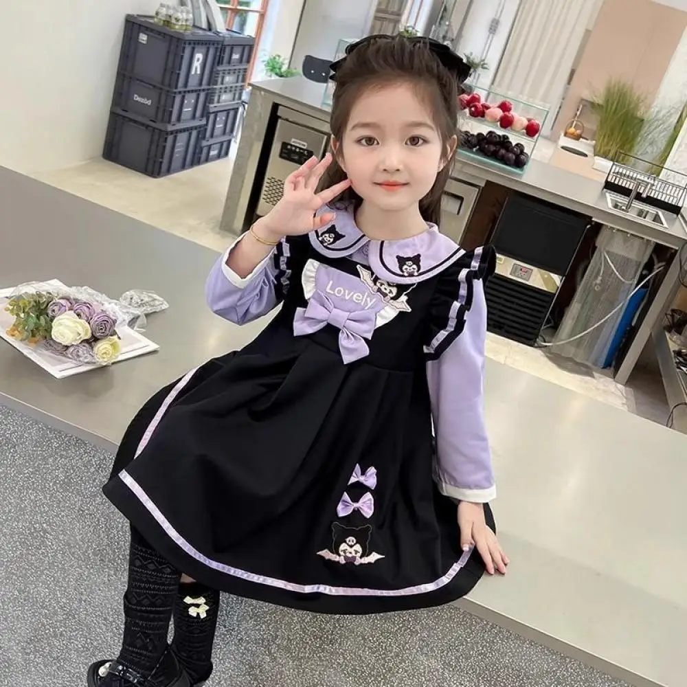 Kuromi Children Academy Style Skirt Sanrio Anime Girls Long Sleeved Princess Dress Spring New Kawaii Kids Cosplay Birthday Gifts