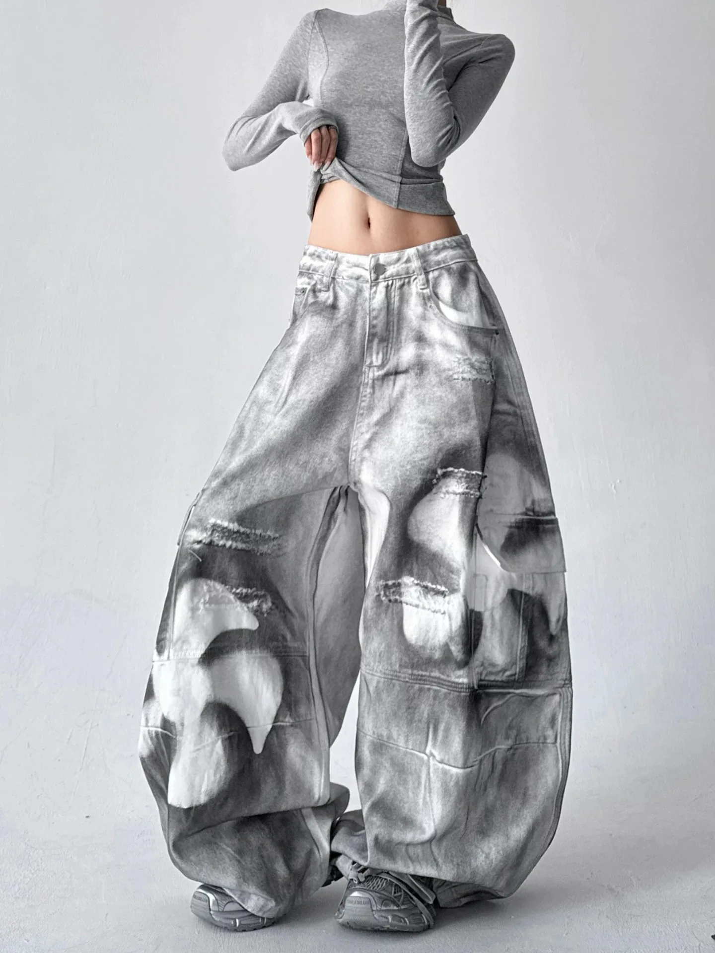 Spodnie damskie Y2K na zimę, casualowe, z nadrukiem farbą, luźne, wyszczuplające, z prostymi nogawkami, szerokie nogawki, uniwersalne jeansy, modne.