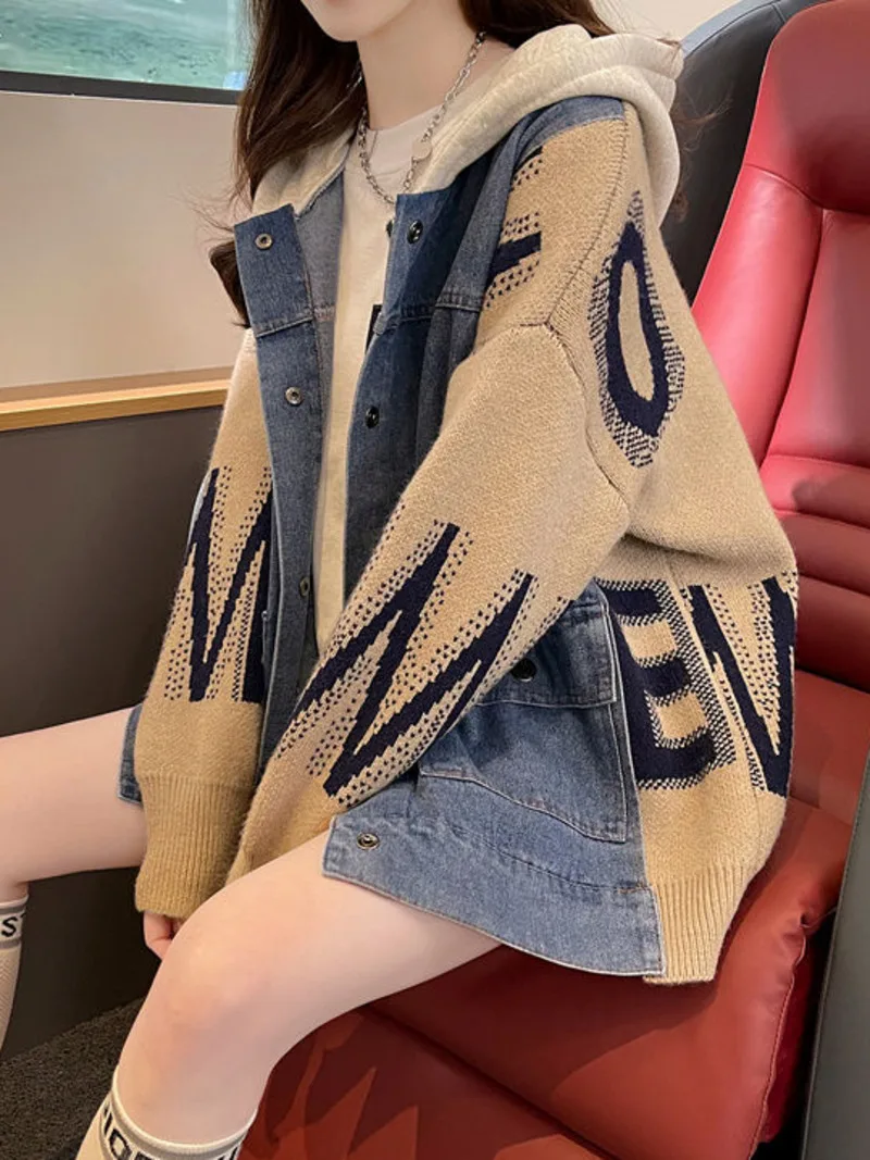 Sweater Patchwork Denim Jacket Loose Korea Fashion Casual Trend Women Korea Autumn Knitted Cardigan Coat Autumn Winter Clothing