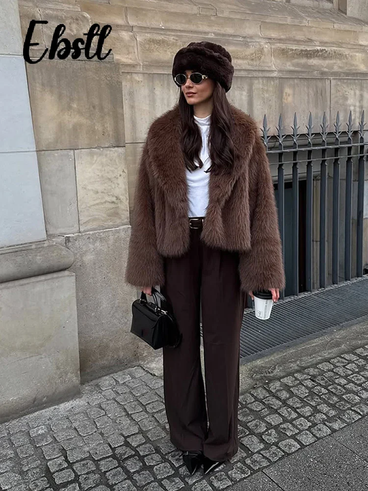 الصلبة البني رقيق الفراء معاطف النساء Vintage التلبيب كم طويل رشاقته الدافئة سترة 2025 الخريف الشتاء جديد الإناث شيك فضفاض أبلى