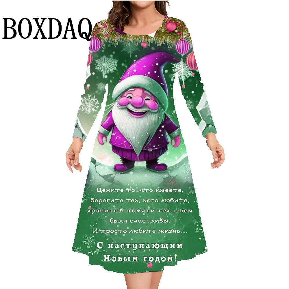 Niedlichen Weihnachts druck Frauen Kleid Herbst Winter Langarm Cartoon Santa Claus lässig Damen A-Linie Kleid plus Größe Kleidung 9xl