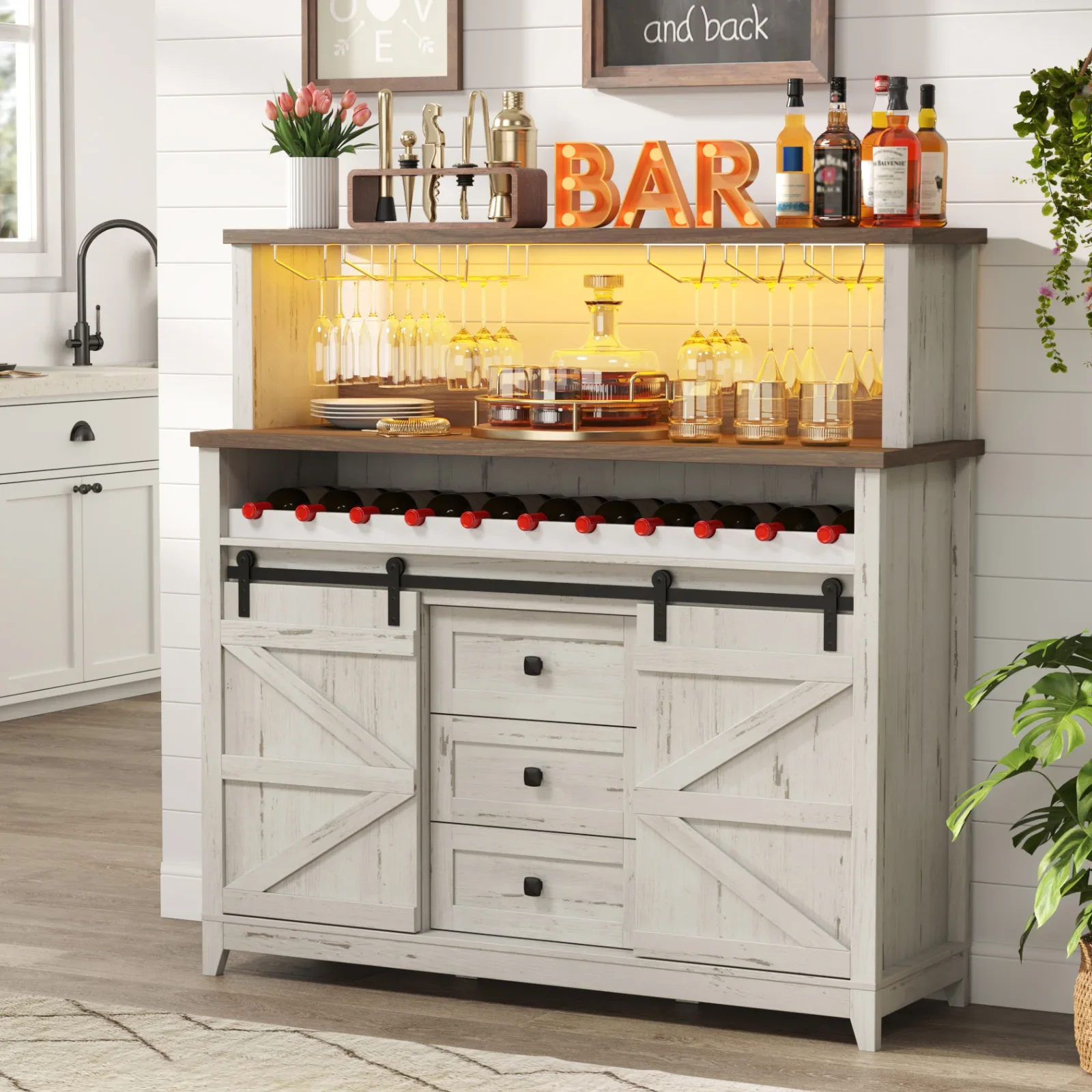 

Farmhouse Wine Bar Cabinet with Sliding Bar Door and Led Lights, Sideboard with 2 Layers Tabletops