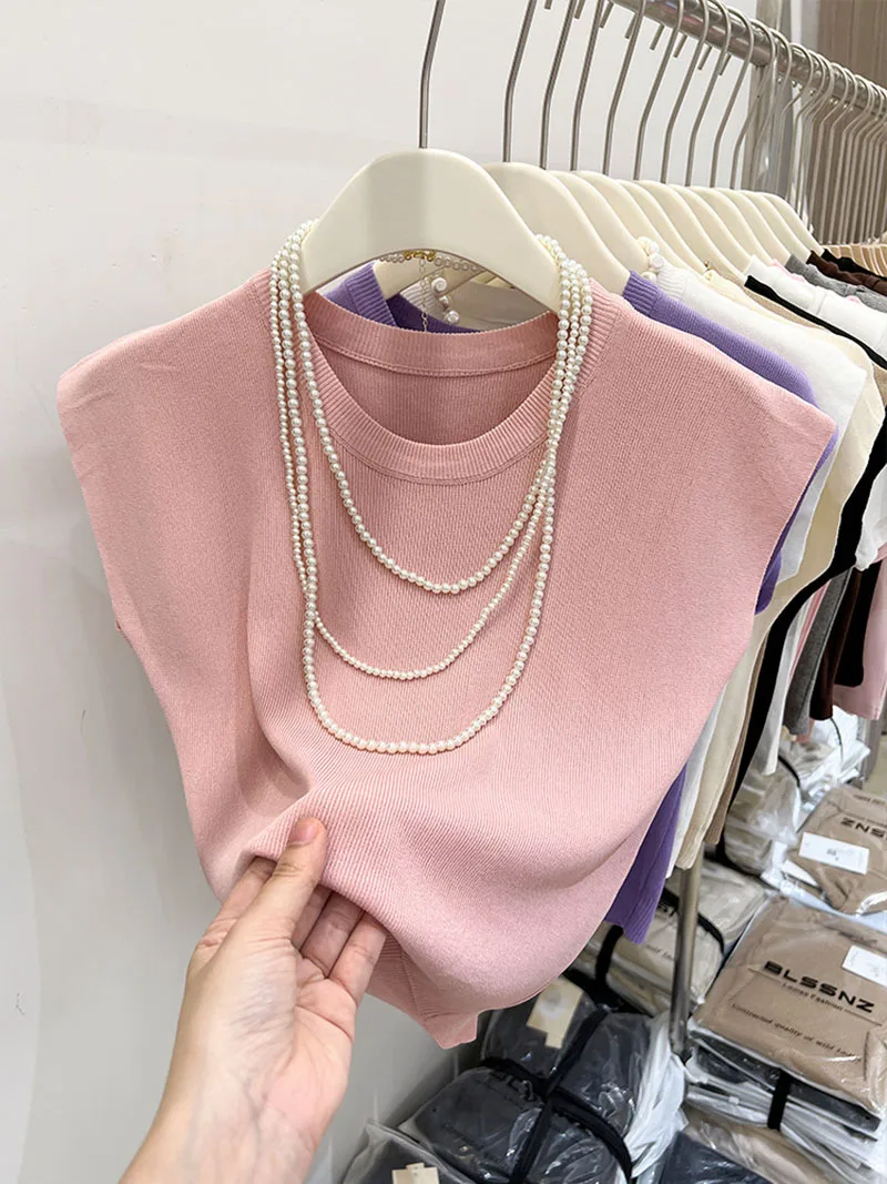 Ice silk T-Shirts knitted sweater women's thin summer new product slim fit pullover base T-shirt round neck sleeveless tops Tees