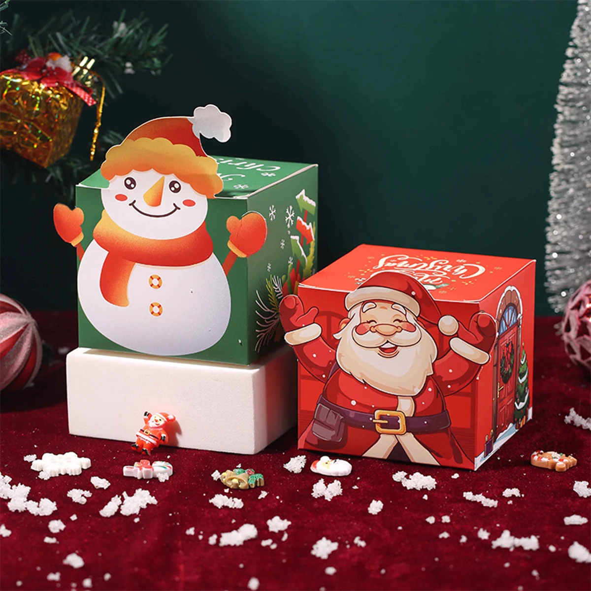 12 Pcs Christmas Paper Gift Boxes Snowman Xmas Tree Cartoon Apple Candy Box Gingerbread Man Santa Claus Cardboard Snacks Case