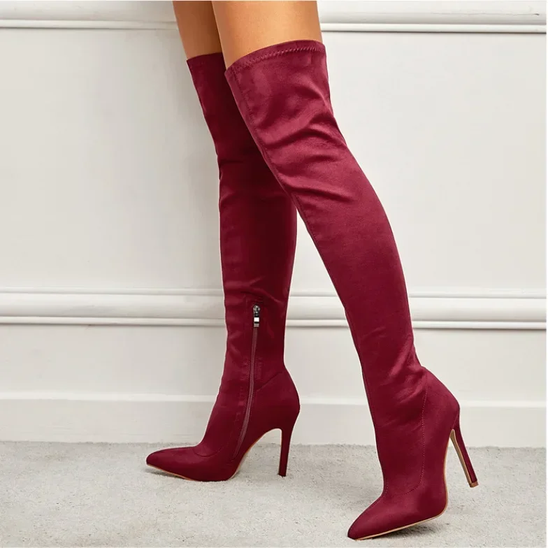 Botas femininas de costura acima do joelho, salto alto fino, na moda outono, vermelho escuro, sapatos femininos maduros de lazer, 11cm