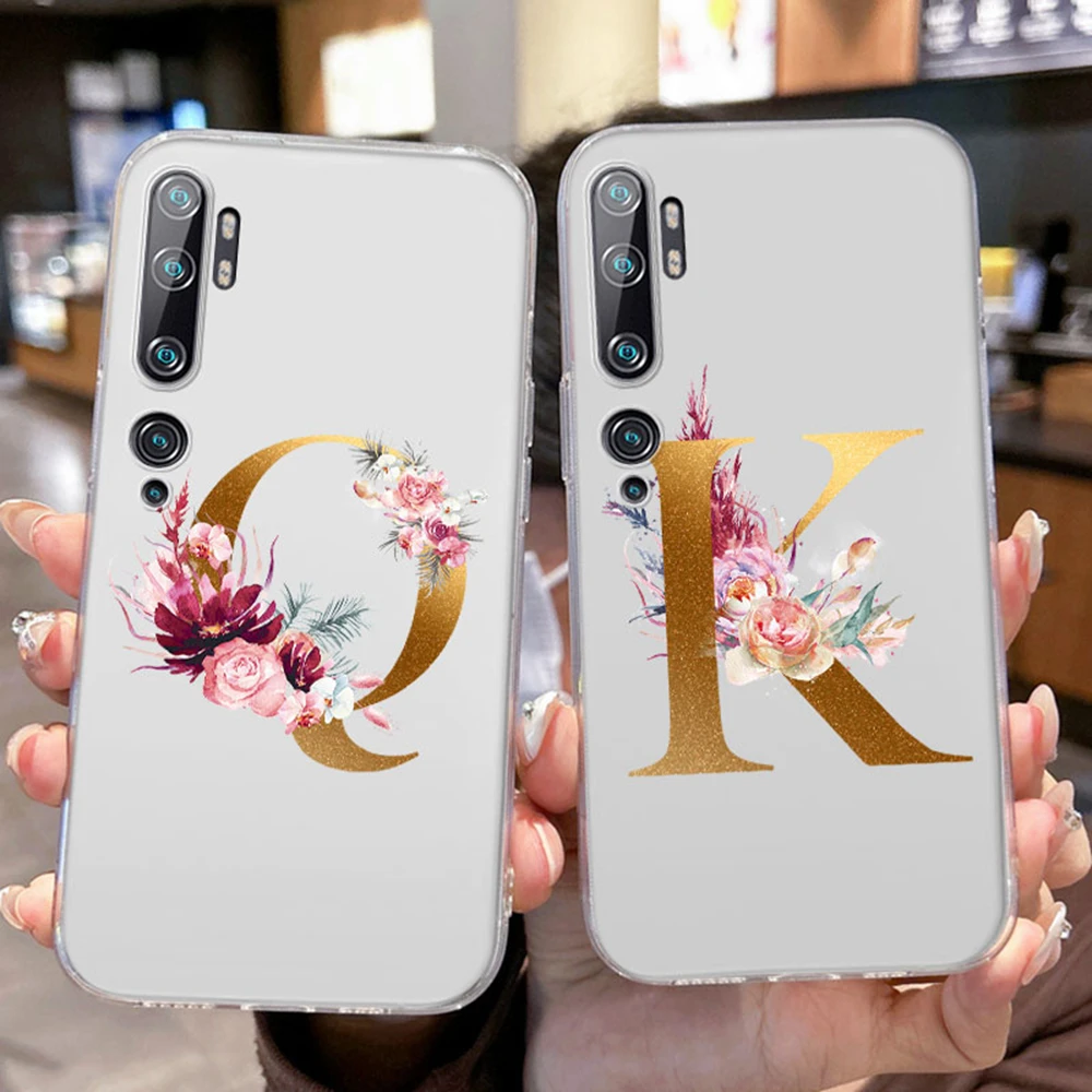 

Phone Case For Xiaomi Note 10 CC9 Pro 10 Lite 12 12X 12S 14 15 Flowers Golden Rose Lettesr Silicone Soft Transparent Clear Cover