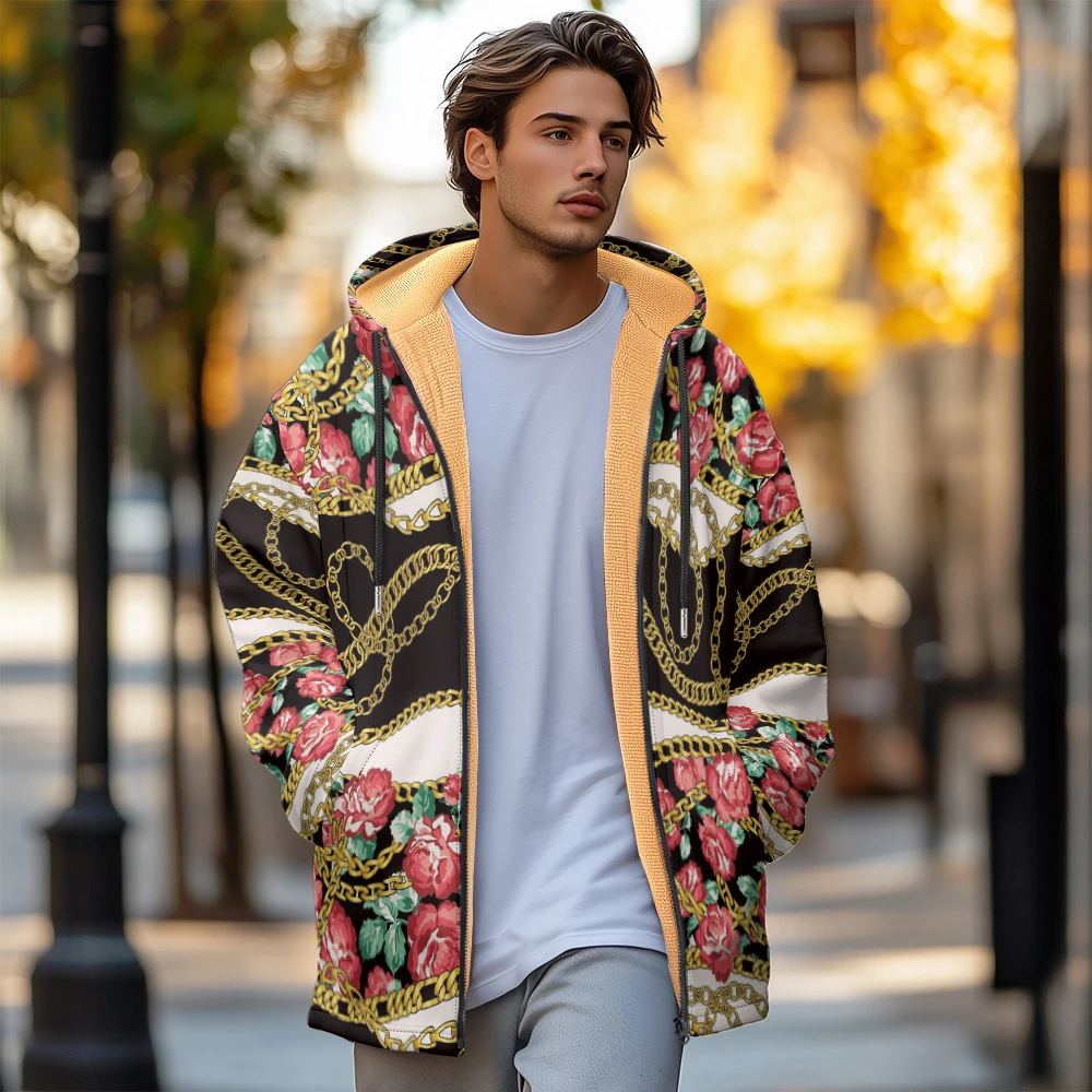 Man winter clothing, New in Down Coats, Yellow chain graffiti flower cotton-padded jacket clothing, feather print pocket zipper