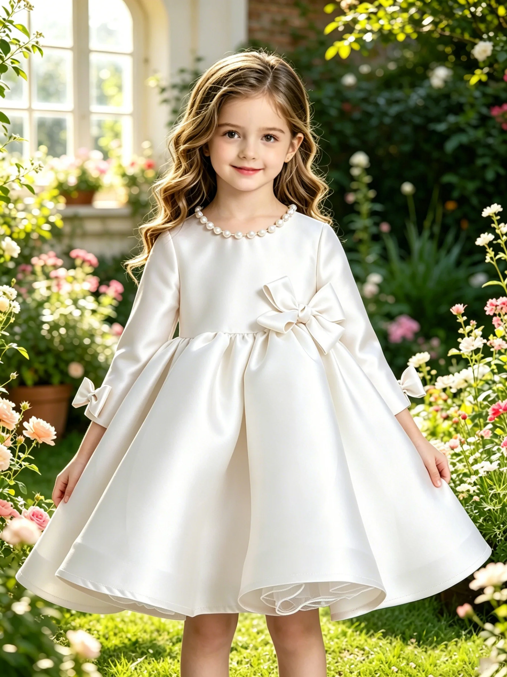 Baby Girl Princess Pearl Silk Dress Vestido Party Pageant Birthday Clothes 1-7Y Bow Toddler Vintage Costumes Long Sleeve Infant