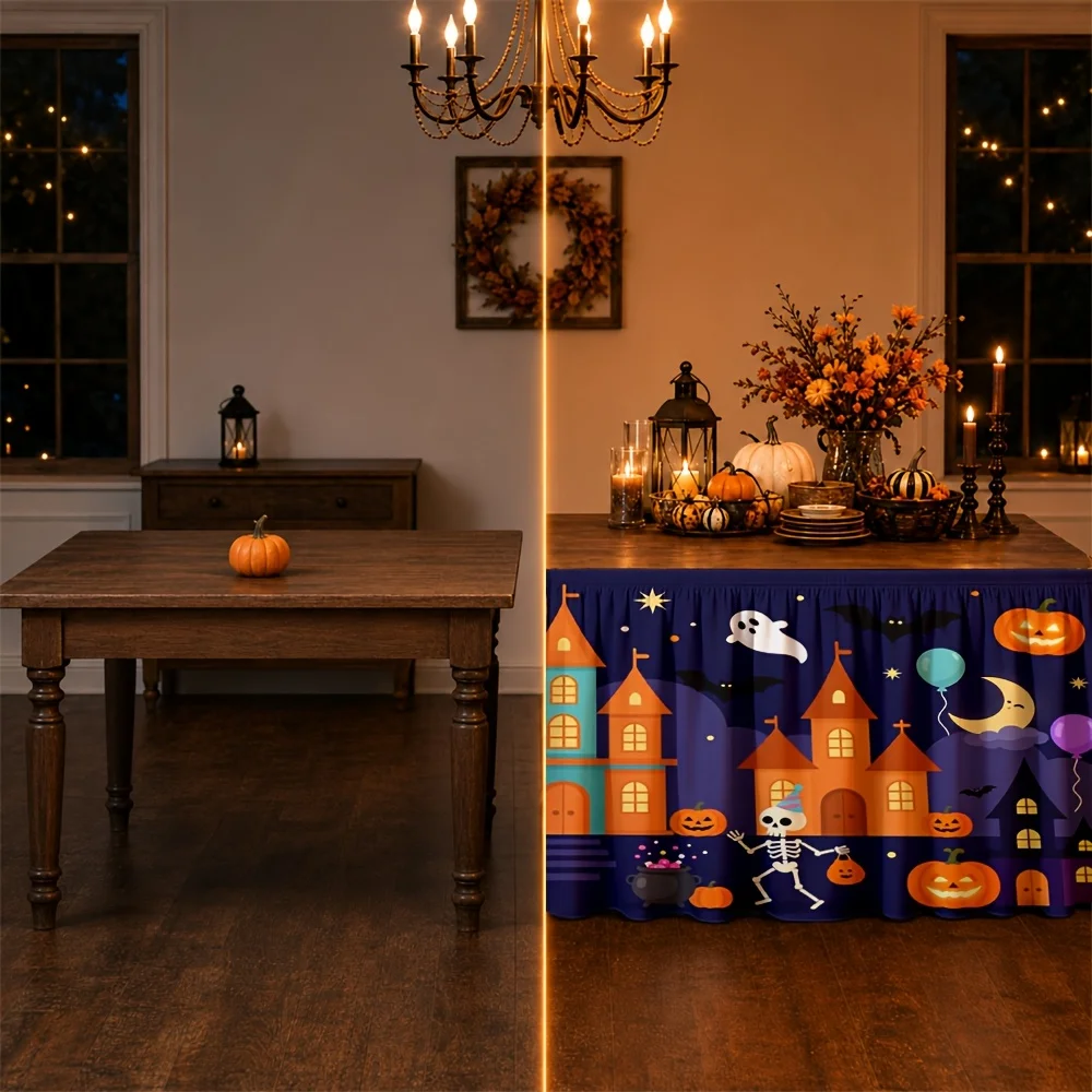 One Halloween castle scene printed table skirt, made of polyester, festive and terrifyingly charmingzyc