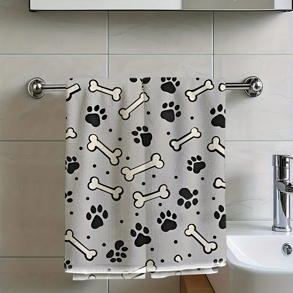 1pc Dog Paw Print Bone Printed Kitchen Towel, Soft Absorbent Hand Towel, Perfect for Bathroom, Kitchen, Dog Lover Gift