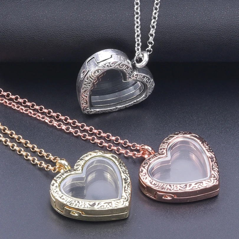 1Pc Carved Romantic Love Heart Glass Living Picture Locket Pendant Necklaces For Women Jewelry Diy Plain Relicario Collares Bulk