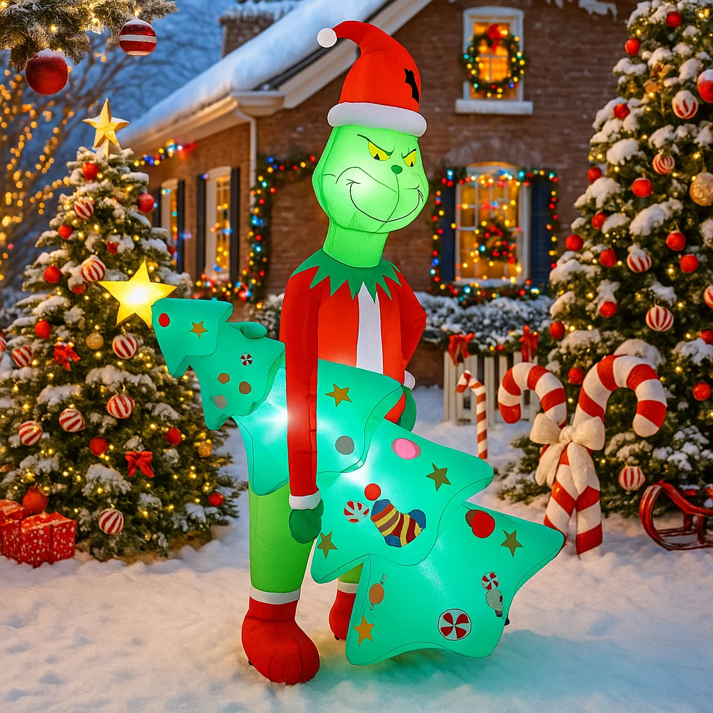 6.8ft brinquedos infláveis decorações de natal inflável grinch segurando árvores de natal natal casa quintal led luz decoração suprimentos