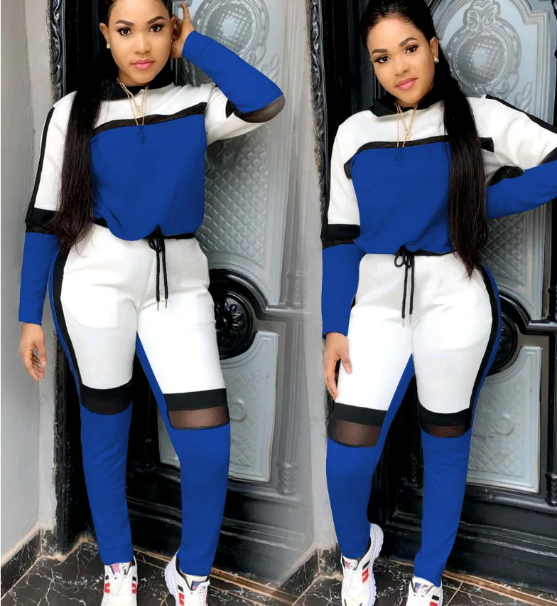 Plus Size Women Two Piece Color-lump Tracksuit Pants Set Patchwork Sporty Long Sleeve Conventional Collar Autumn Outfits