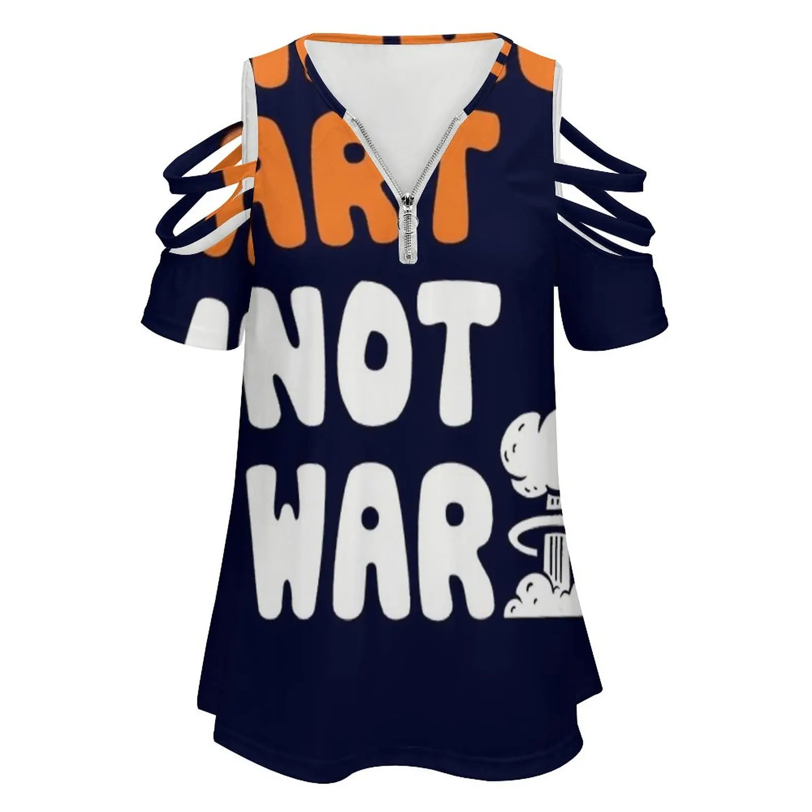 Make Art Not War Women's T-Shirt Summer Fashion Print Floral V-Neck Zipper Tshirt Hollow Pullover Ladies Top Make Art Not War