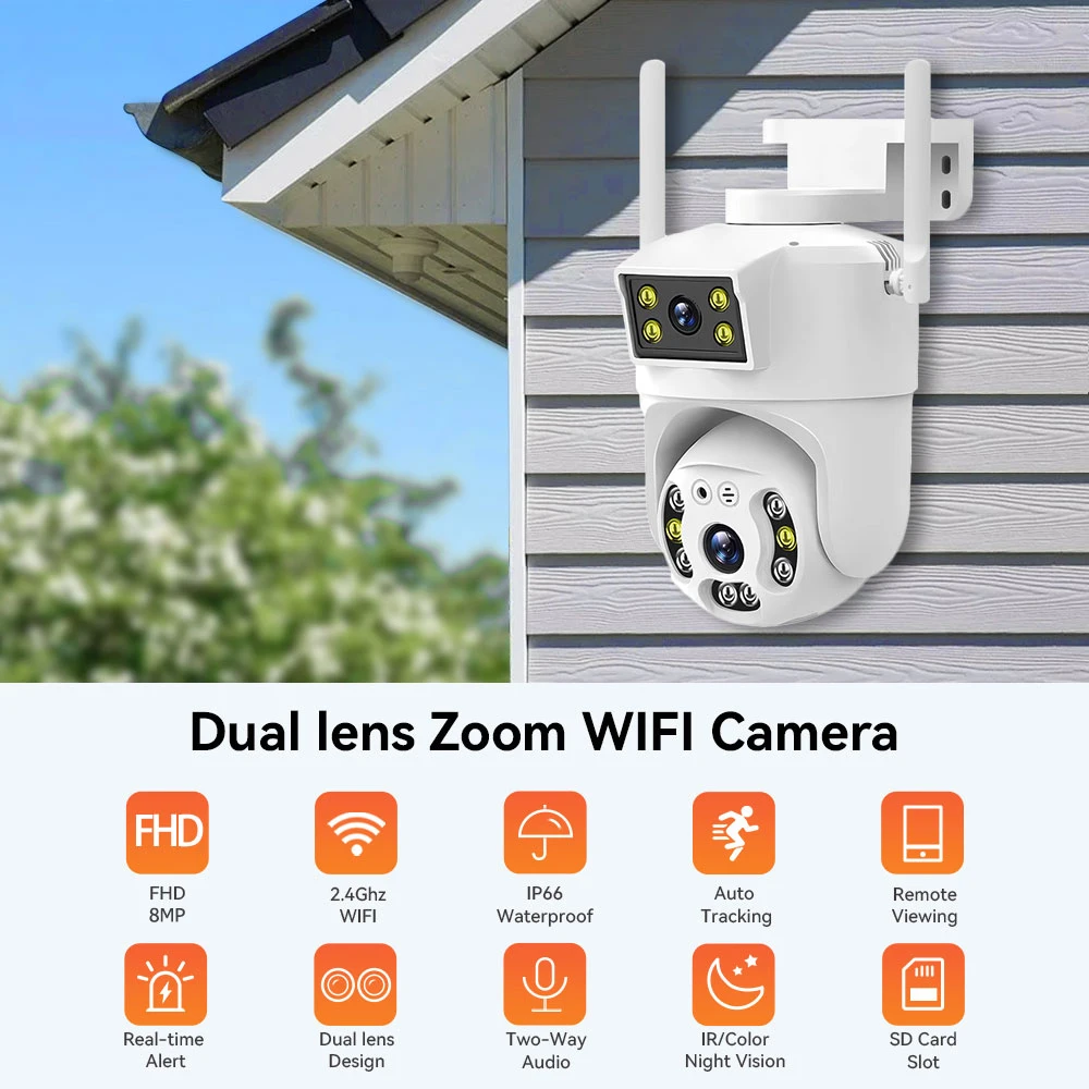 Cámara PTZ inteligente para el hogar, dispositivo de 8MP, 4K, doble lente, Wifi, visión nocturna, pantalla Dual para exteriores, de 6MP protección