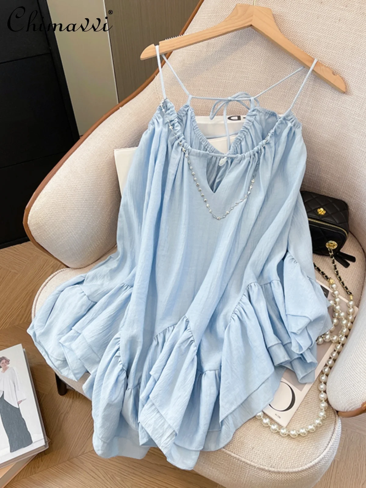 

Sexy Blue Suspenders Women's Shirt 2024 Summer Clothes New Holiday Pleated Sweet Sleeveless Loose Blouse Tops All-match