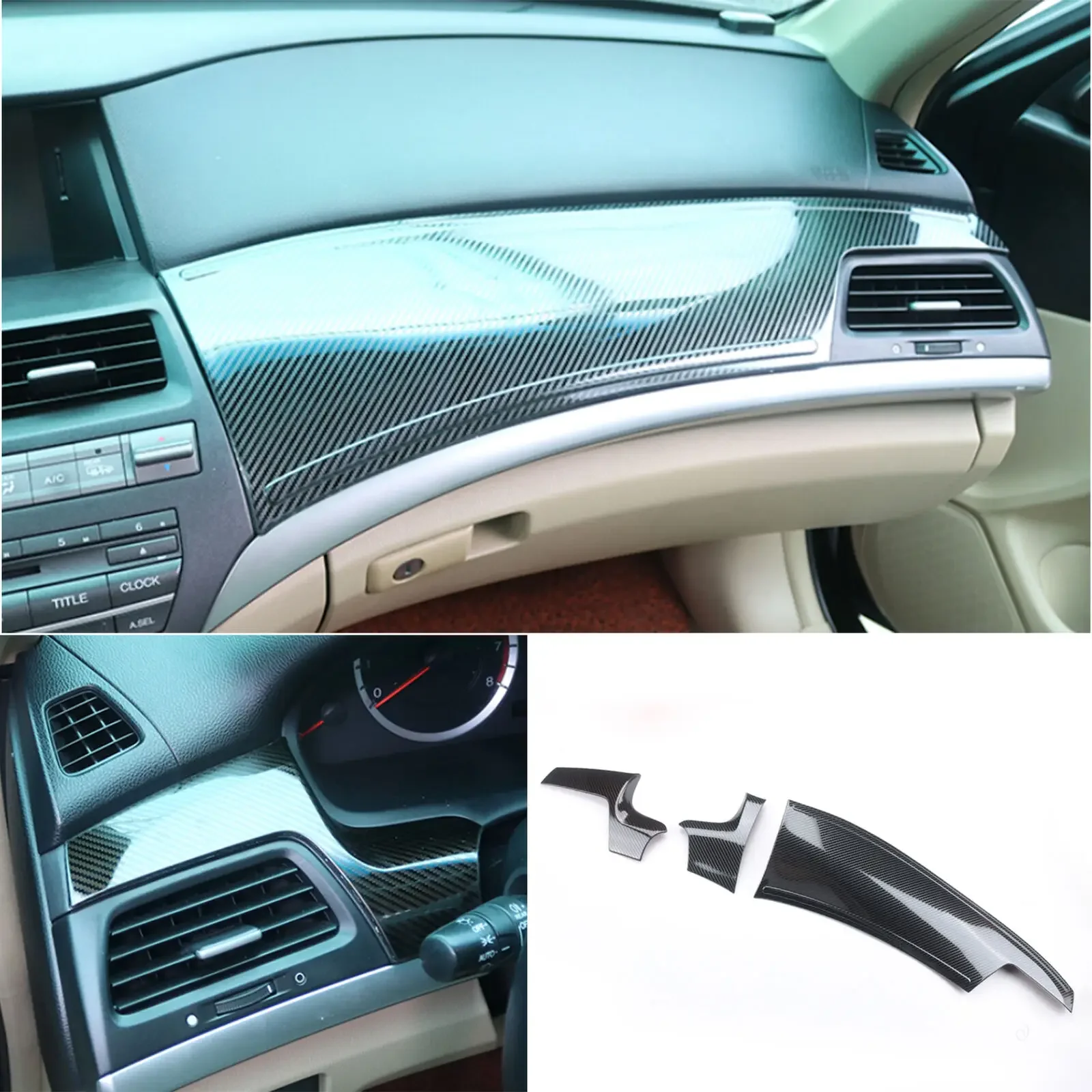 FOR Honda Accord 8th 2008-2012 3pcs carbon fiber steel console dashboard strip trim