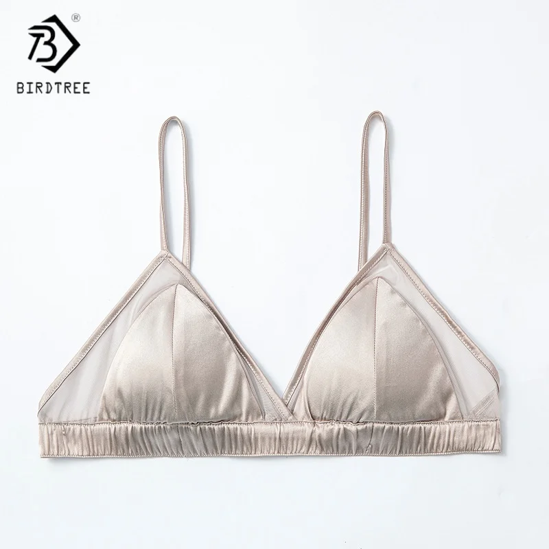 

Birdtree, беспроводной бюстгальтер из натурального шелка 7% спандекса, женское дышащее кружевное нижнее белье с треугольными чашками, французский стиль, новинка 2025 года A5D641JF