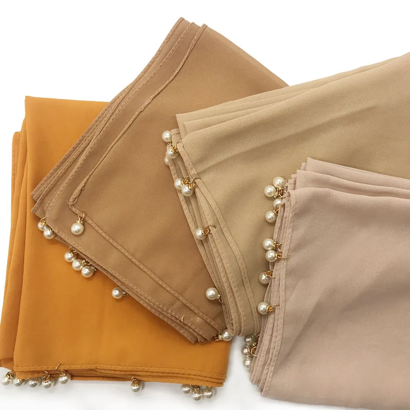 Foreign Trade New Women's Solid Color Chiffon Scarf Two Ends Hanging Pearl Scarf New Ladies Bag Headscarf in Stock