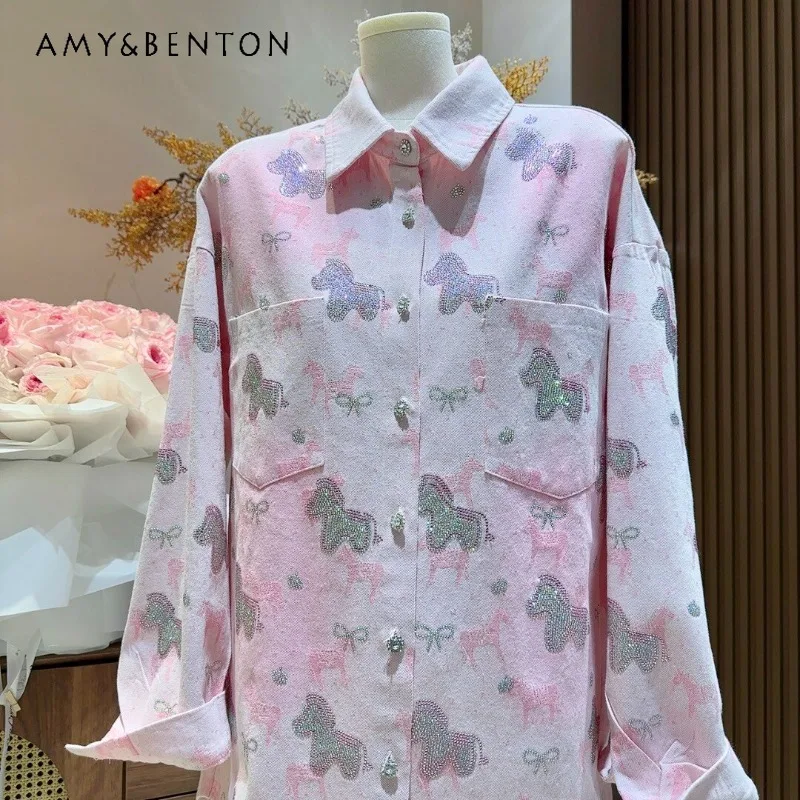 

Женская свободная модная повседневная блузка с милым дизайном в виде мультяшного пони и стразами, джинсовая рубашка-куртка с длинными рукавами