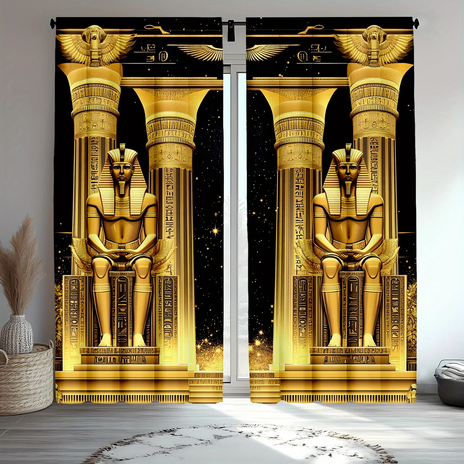 2pc Egyptian Pyramid Curtains – Black with Gold Hieroglyphs, Sheer Rod Pocket for Living Room or Bedroom