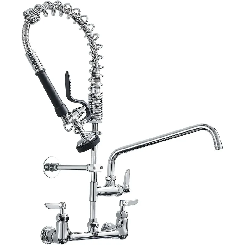 Commercial Kitchen Faucet,Wall Mount Kitchen Sink Faucet with Pre-Rinse Pull Down Sprayer,25‘’ Height 8'' Center