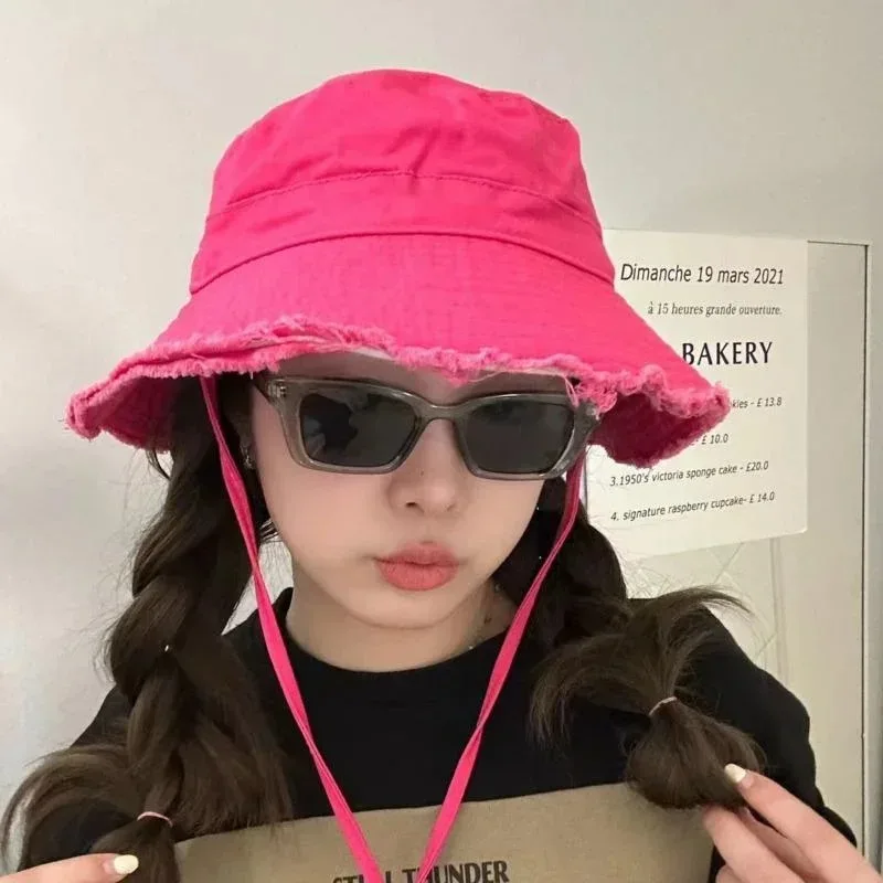 قبعات صياد الموضة طوي بوب قبعة بحافة مع حافة كبيرة واقية من الشمس مع ضبط الذقن حبل قبعات الشاطئ الصيد Gorras قبعة النساء