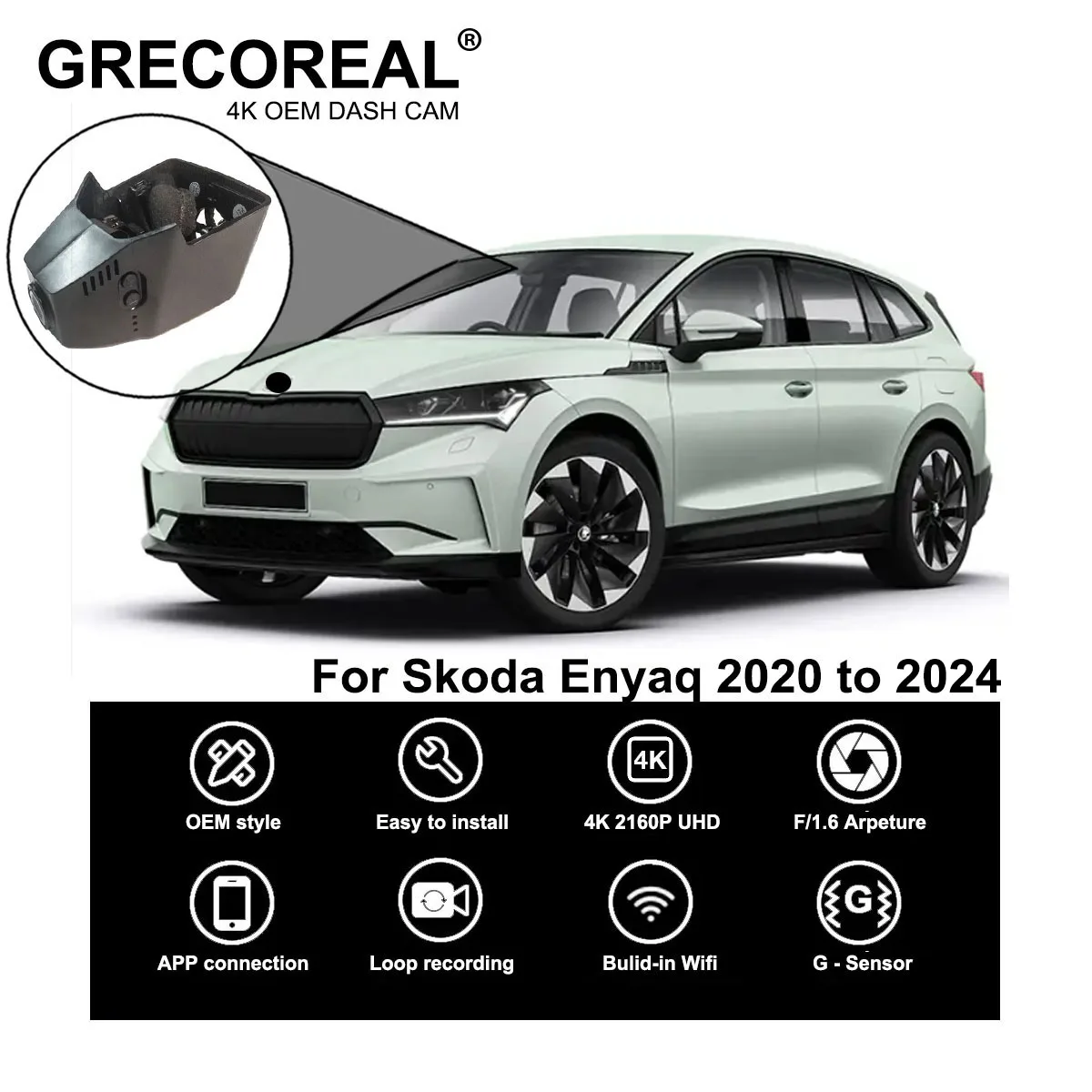 GRECOREAL 4K Dash Cam Front and Rear 2160P WiFi Car Dual Dashcam APP Control Easy Install Plug Play Compatible with Skoda Enyaq