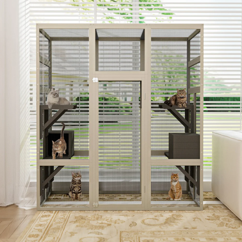 

Large Outdoor Gray Catio – Solid Wood Enclosure with5Platforms,2Boxes,UV-Resistant Waterproof ShelterPlaypen