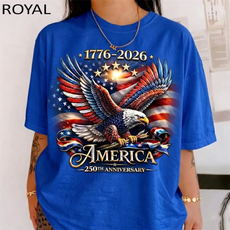 US 250th Birthday Retro Print Bald Eagle Design Oversized T Shirts For Women Men Festival Street Short Sleeve Breathable T Shirt