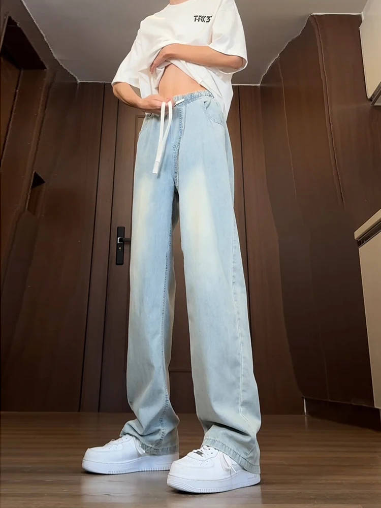 

Tian Blue Ice Silk Men's Skinny Jeans Summer Thin American Hiphop Pants High Waist Knife Flared Trousers Straight Leg Jeans