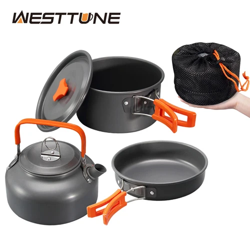 WESTTUNE-Kit de utensilios de cocina para acampar, juego de cocina portátil de aluminio para exteriores, olla, sartén, hervidor para acampar, vajilla, senderismo, Picnic, 3 uds.