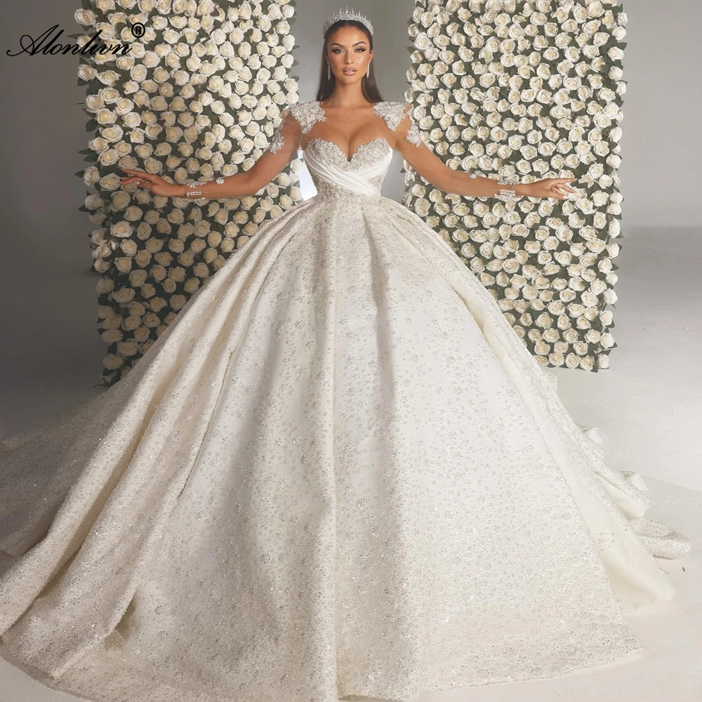 Alonlivn sur mesure luxe princesse robes de mariée Illusion cou perles broderie dentelle robe de bal robes de mariée